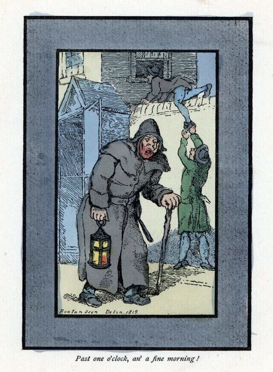 Night watchman with his lantern and stick, inattentive to two burglars entering a house behind him (1819). Wood engraving, based on a painting by Thomas Rowlandson (1756-1827), published in The Cris of London: with six charming children and nearly 40 illus 作者 托马斯·罗兰森