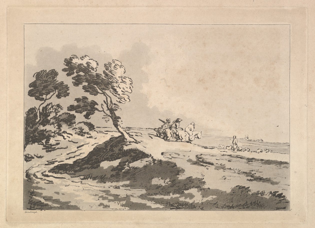 风景优美，三名骑士在中间距离向右行驶，Windblo ...，1784-88。 作者 托马斯·罗兰森