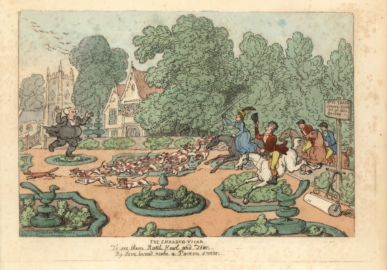 Parson cursing foxhunters and hounds trampling his garden. 作者 托马斯·罗兰森