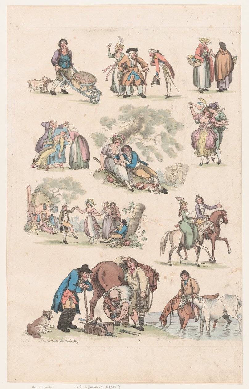 图版14，人物、风景和牛的轮廓......供学习者使用，Ju...，1790年6月1日。 作者 托马斯·罗兰森