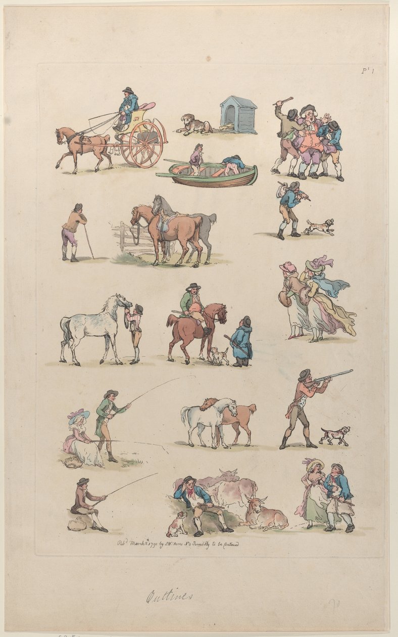 图版1，人物、风景和牛的轮廓...供学习者使用，马...，1790年3月8日。 作者 托马斯·罗兰森