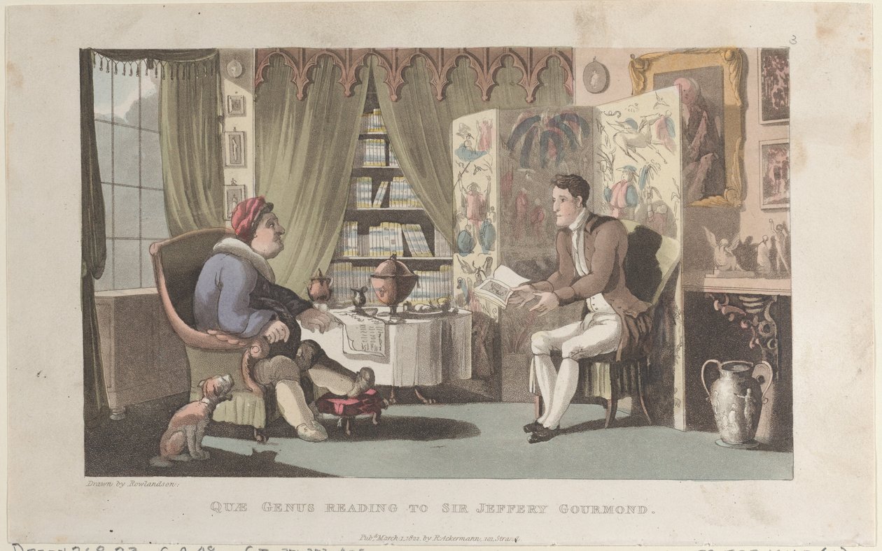 Quae Genus Reading to Sir Jeffery Gourmand, from The History of Johnny Quae Genu..., March 1, 1822. 作者 托马斯·罗兰森