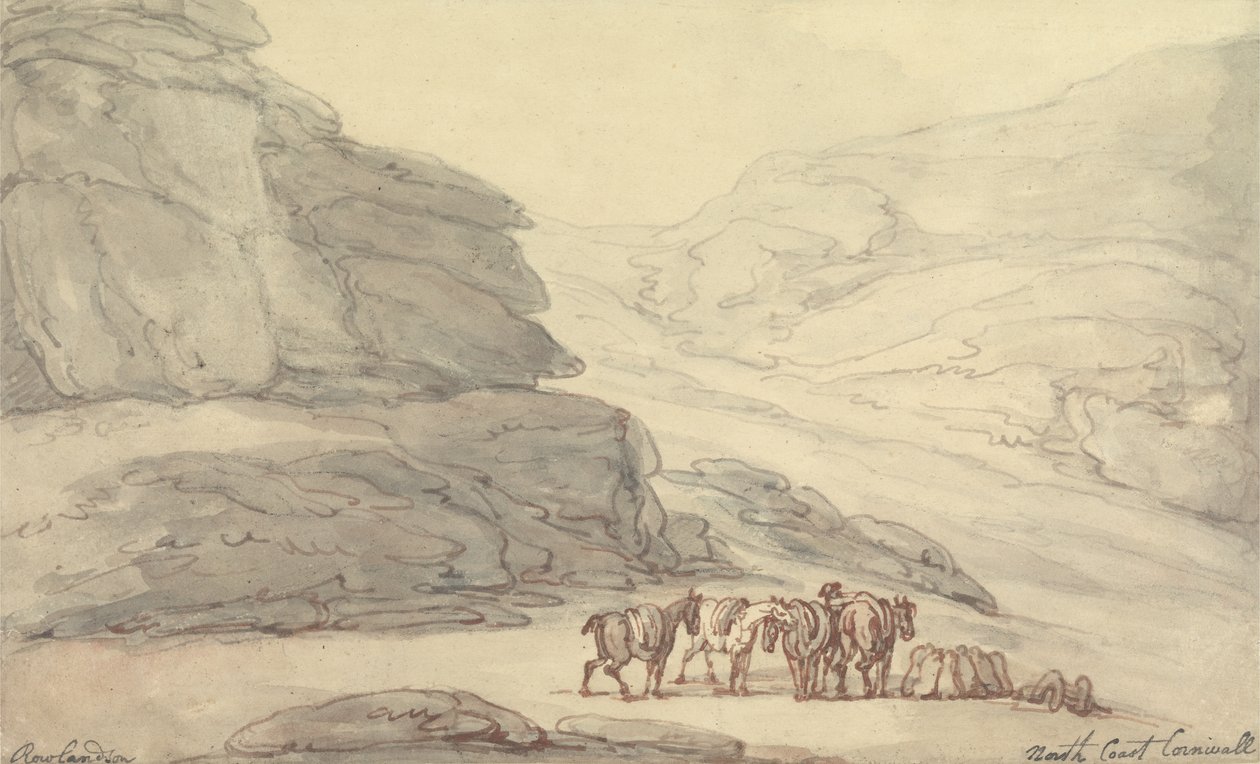 北海岸，康沃尔郡的岩石场景（笔，墨水和水彩纸上） 作者 托马斯·罗兰森