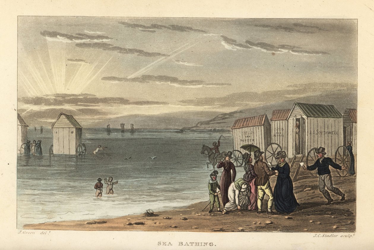 海水浴：裸体女性在海中游泳，沐浴引擎被驱动入水。 Thomas Rowlandson 的手绘铜版画，J.C. Stadler 的 aquatint，根据 J. Green 的草图来自斯卡伯勒的 Poetical Sketches, Ackermann, L 作者 托马斯·罗兰森
