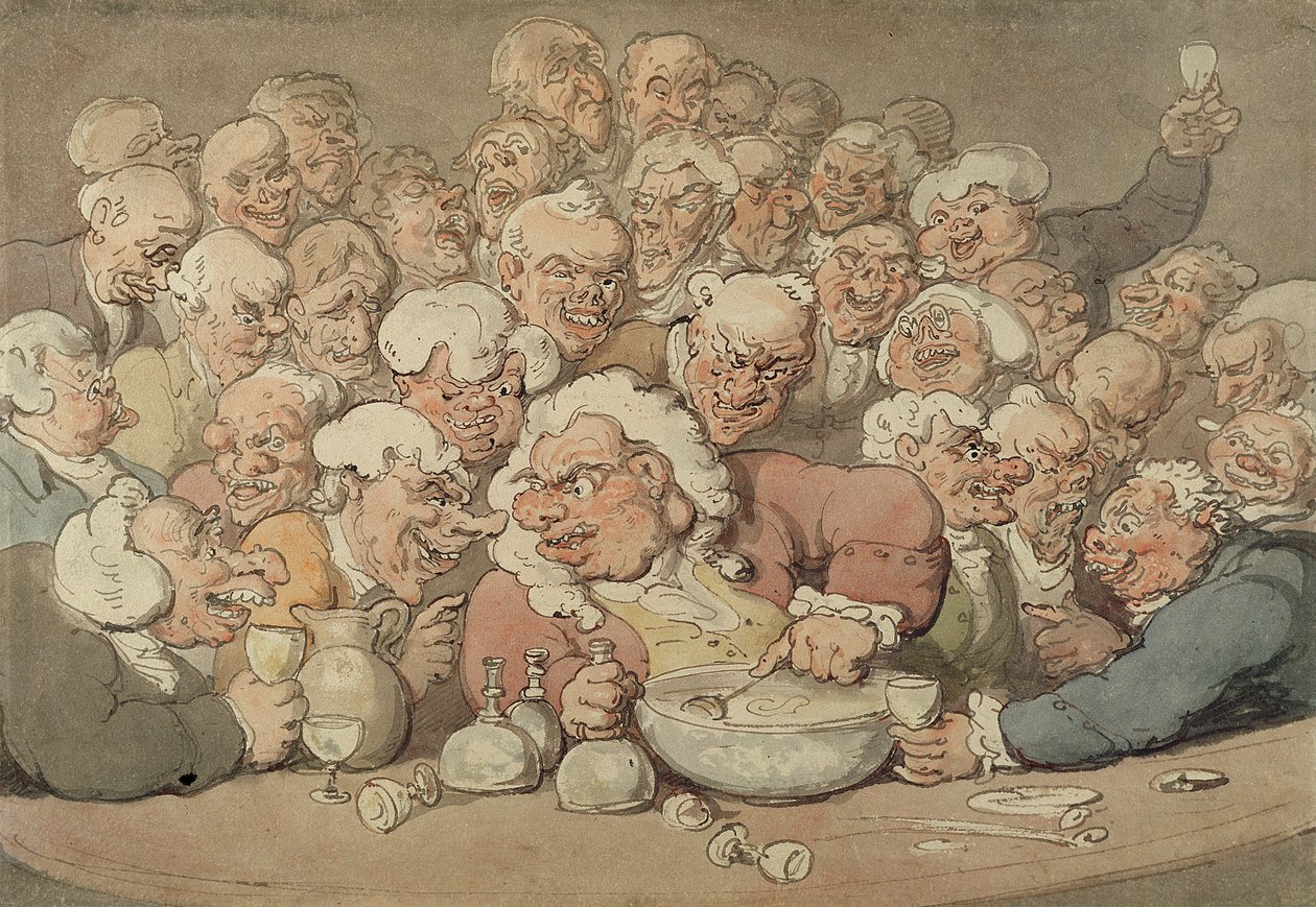 Serving Punch，约1815-20年（铅笔，纸笔上的墨水和水彩） 作者 托马斯·罗兰森