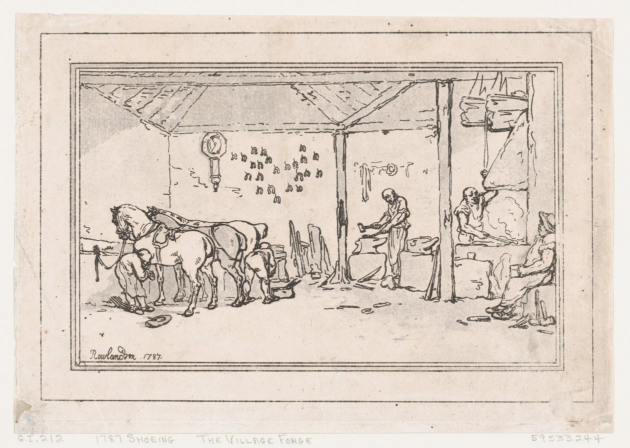 穿鞋：乡村锻造厂 一个法师的商店，1787年。 作者 托马斯·罗兰森