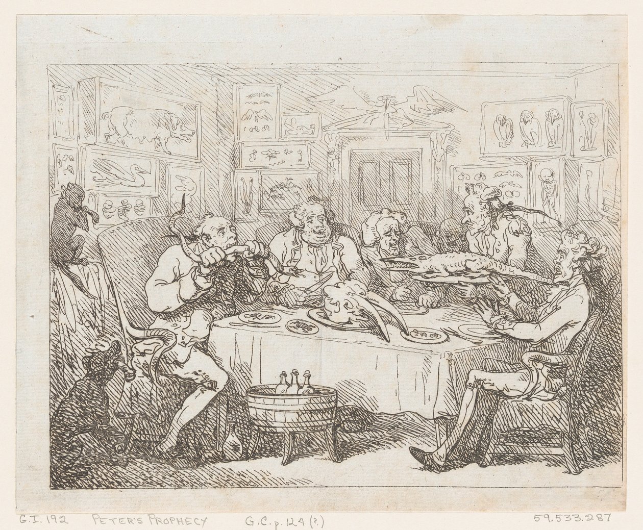 约瑟夫-班克斯爵士要吃鳄鱼 "鱼的晚餐"，1788年或更晚。 作者 托马斯·罗兰森