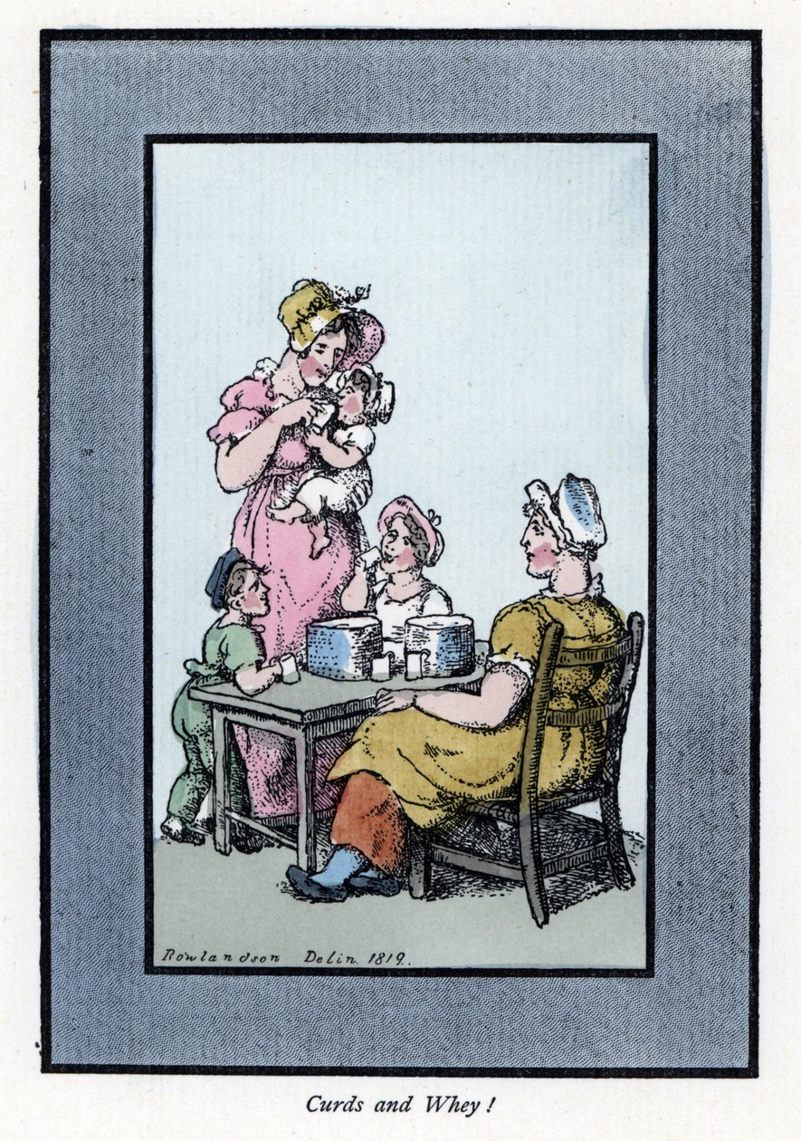 坐着卖鹌鹑奶和牛奶的女人有母子（1819）。 木版画，基于 Thomas Rowlandson (1756-1827) 的一幅画作，出版于 The Cris of London：有六个迷人的孩子和近 40 幅插图，Andrew Tuer，Field 作者 托马斯·罗兰森