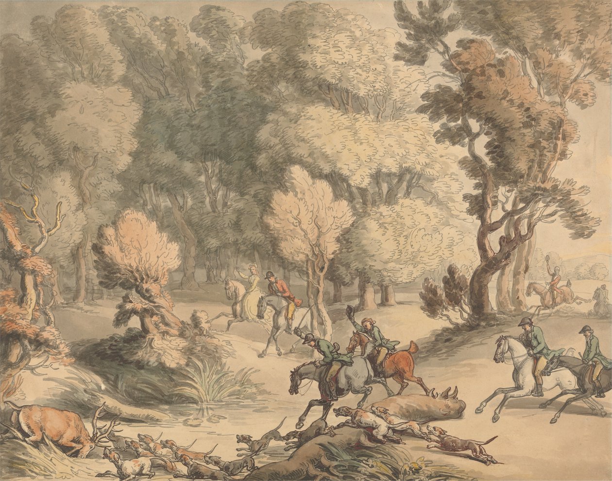 雄鹿在海湾-伯克斯的塔普洛附近的场景，约1795年至1801年（钢笔，墨水，水彩纸上涂有人体彩绘） 作者 托马斯·罗兰森