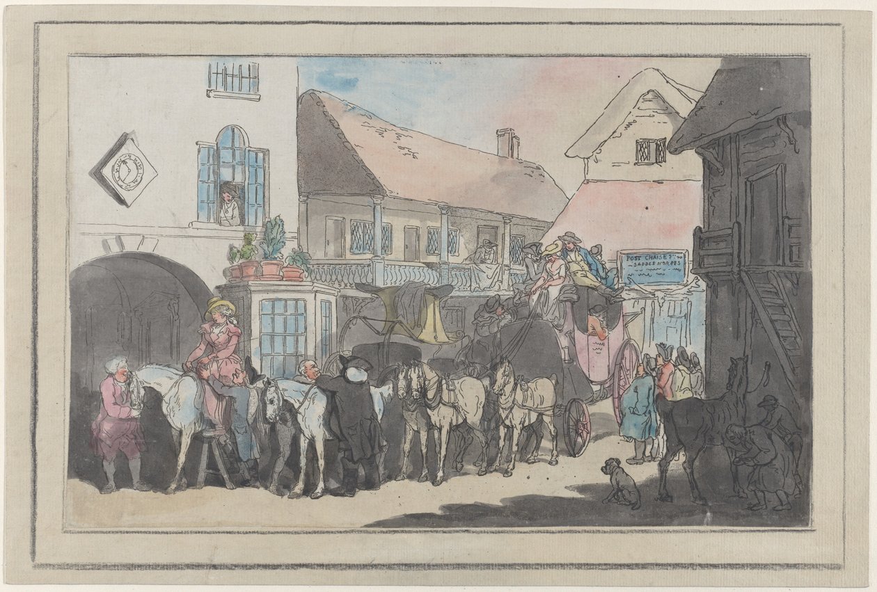 准备出发的旅店院子里的驿车和骑手，1789-95。 作者 托马斯·罗兰森