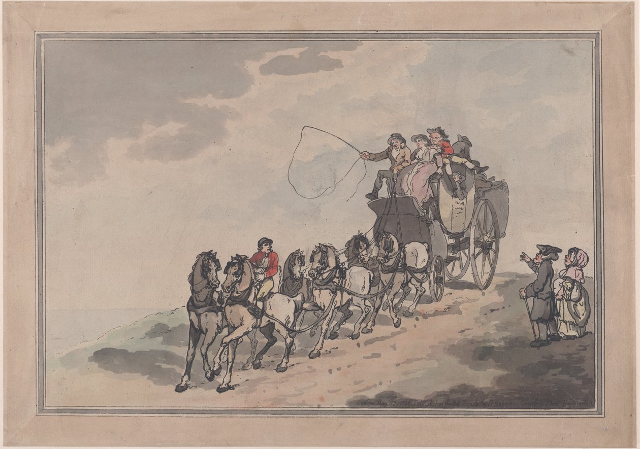 舞台上的马车和六人，1786-93。，1786-93。 作者 托马斯·罗兰森