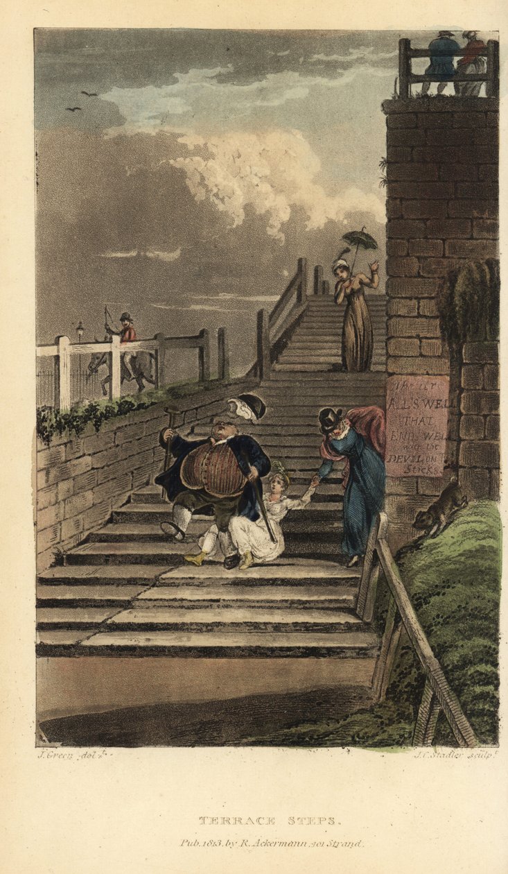 Terrace Steps: tourists take a tumble down the stairs of Cliff Terrace. Handcoloured copperplate engraving by Thomas Rowlandson, aquatint by J.C. Stadler, after a sketch by J. Green from Poetical Sketches of Scarborough, Ackermann, London 作者 托马斯·罗兰森