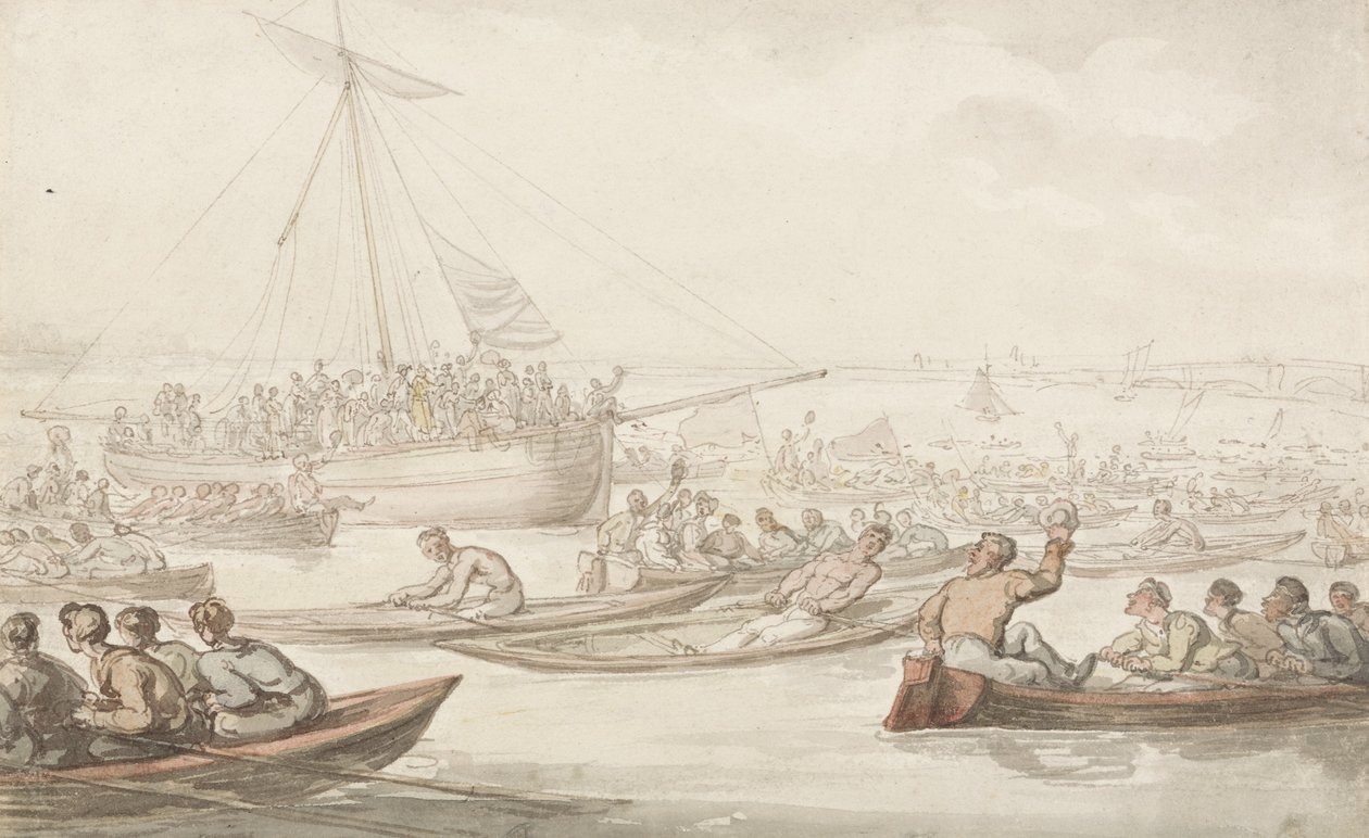 Doggett外套和徽章年度划船比赛，c.1805-10（铅笔，钢笔，墨水和纸上水彩） 作者 托马斯·罗兰森
