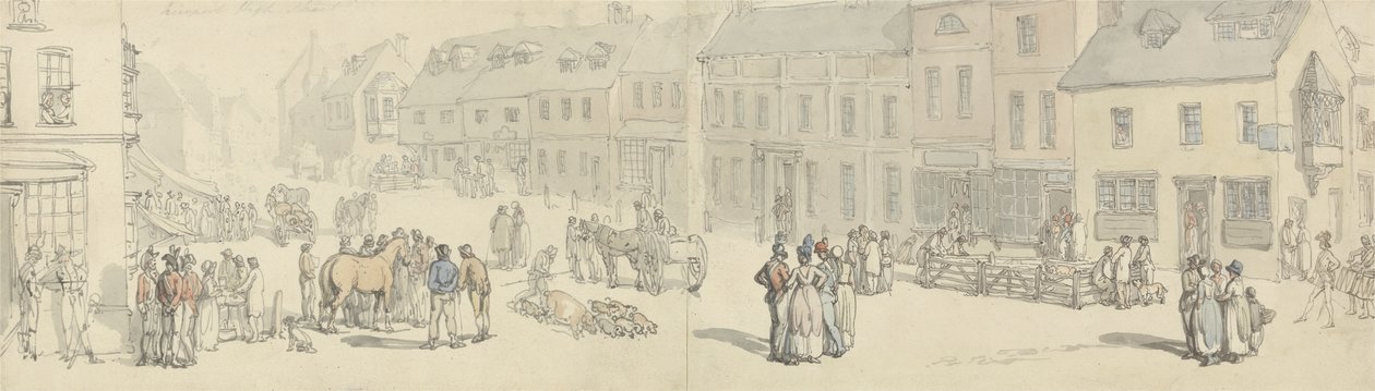市场日的高街，纽波特，怀特岛，c.1797-1800（笔和墨水和纸上的纸） 作者 托马斯·罗兰森