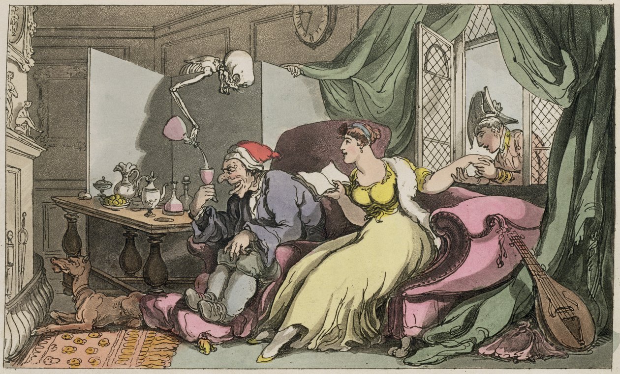 蜜月，来自&39;英国死亡之舞&39;的插图，酒吧。作者：R. Ackermann（彩色雕刻） 作者 托马斯·罗兰森
