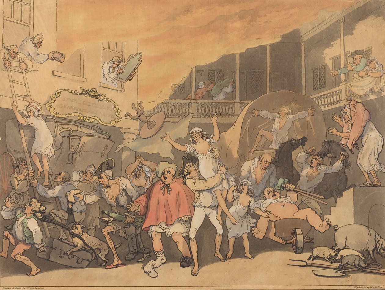 着火的客栈院子，1791年。 作者 托马斯·罗兰森
