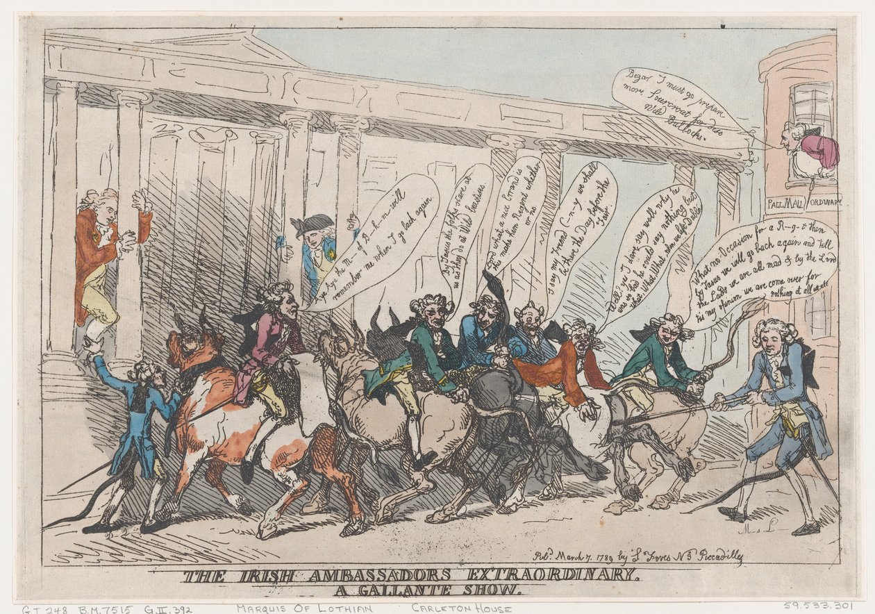 The Irish Ambassadors Extraordinary, A Gallante Show, March 7, 1789. ，1789年3月7日。 作者 托马斯·罗兰森