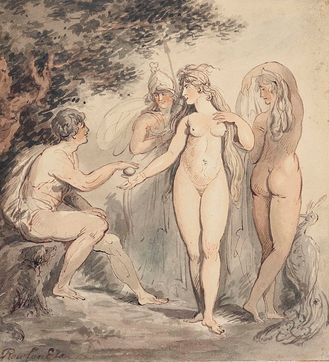 巴黎的审判》，签名 "Rowlandson"（左下），钢笔、棕色墨水和水彩，7 ¼ x 6 ¾ 英寸（18.4 x 17.2 厘米）。(18.4 x 17.2 厘米) 作者 托马斯·罗兰森