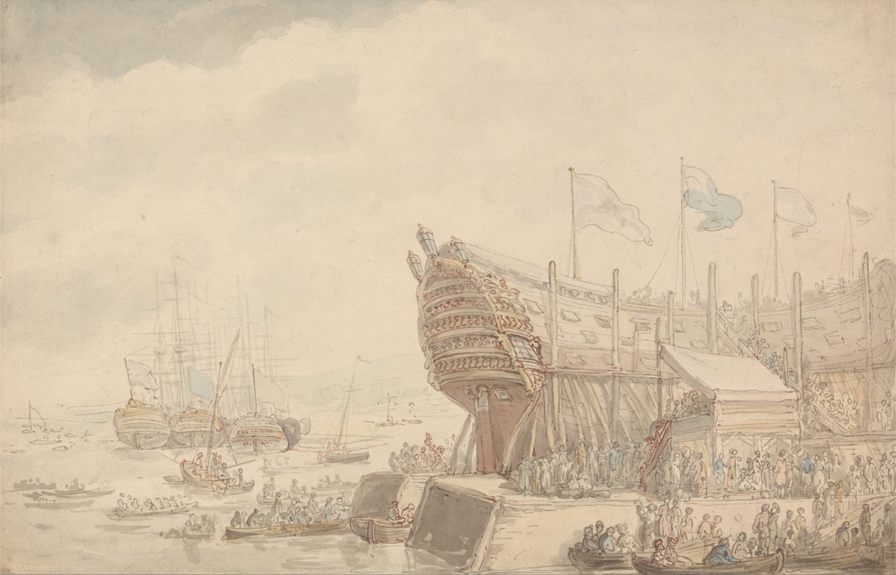 HMS Hibernia 1804的发射 作者 托马斯·罗兰森