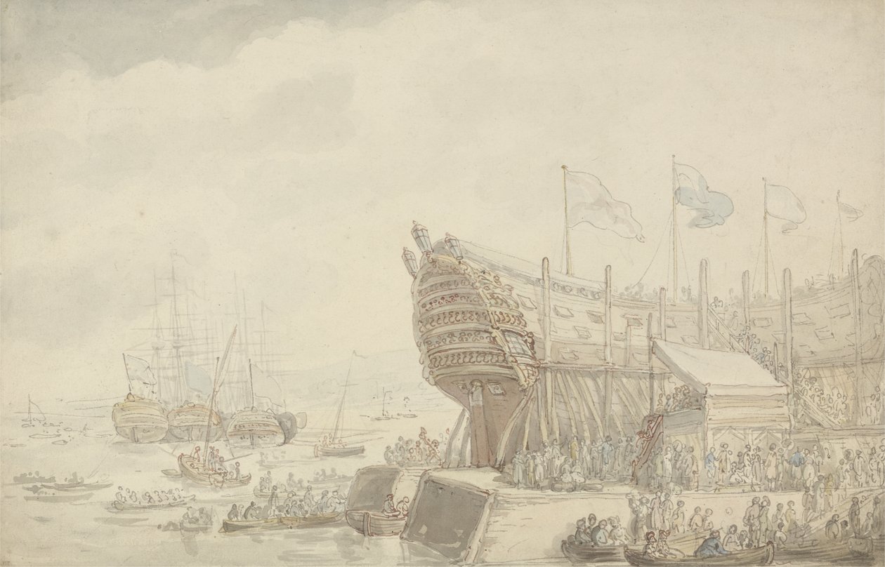 1804年在德文波特发射HMS“ Hibernia”（笔，墨水和纸上水彩） 作者 托马斯·罗兰森