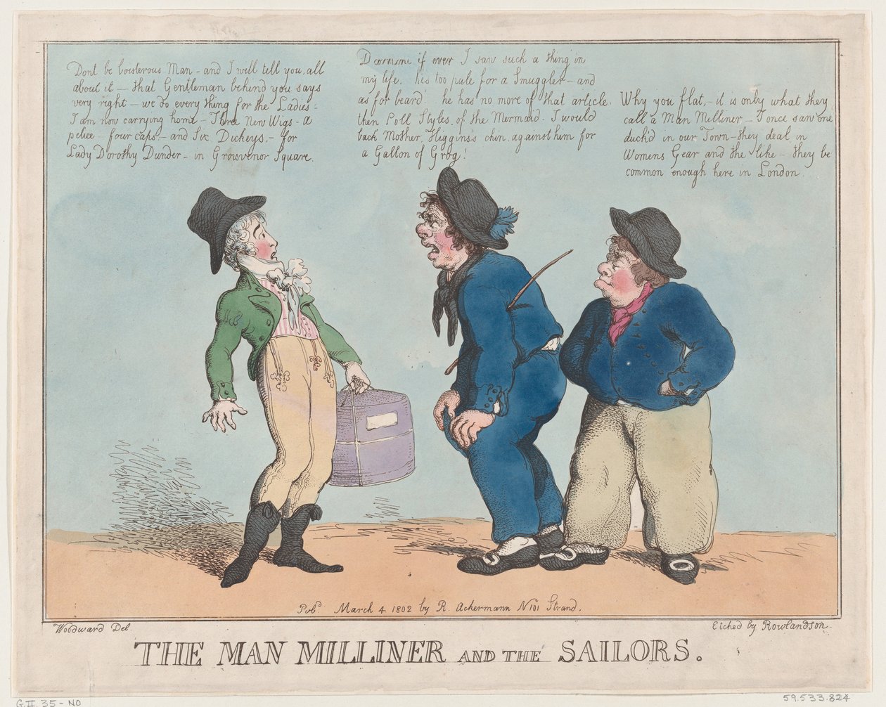 The Man Milliner and the Sailors, March 4, 1802., March 4, 1802. 作者 托马斯·罗兰森
