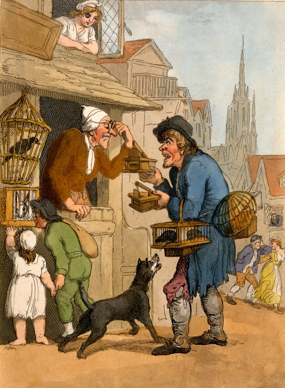 来自伦敦Cries的Rat Trap卖家，1799年（手工彩色aquatint） 作者 托马斯·罗兰森