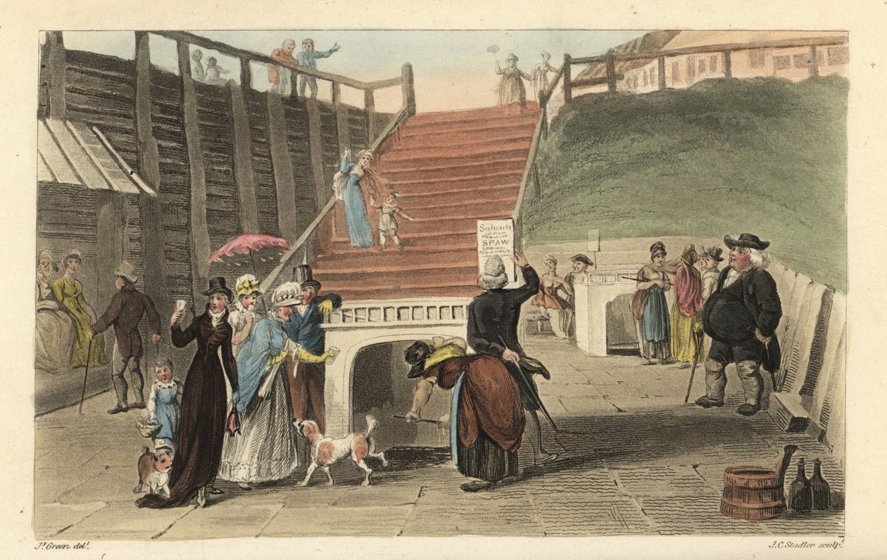 The Spa Wells：游客在 Scarborough Spaw 的井中饮用温泉水。 Thomas Rowlandson 的手绘铜版画，J. C. Stadler 的 aquatint，根据 J. Green 的草图来自伦敦阿克曼的斯卡伯勒诗意素描 作者 托马斯·罗兰森