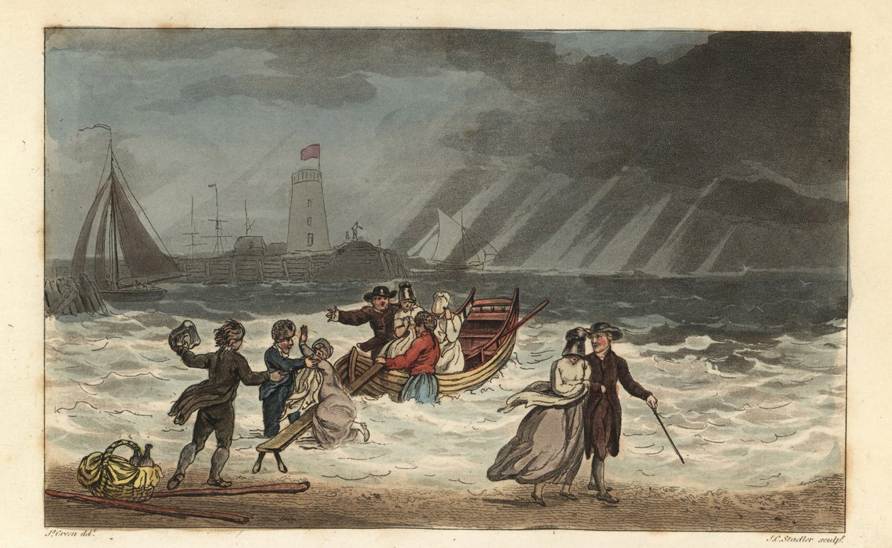 The Water Party: tourists abandon a sea voyage due to bad weather. Handcoloured copperplate engraving by Thomas Rowlandson, aquatint by J.C. Stadler, after a sketch by J. Green from Poetical Sketches of Scarborough, Ackermann, London 作者 托马斯·罗兰森