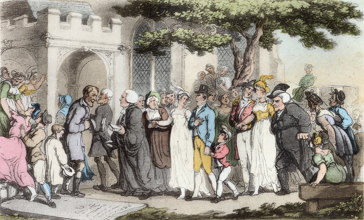 婚礼，来自&39;Wakefield的牧师&39;的插图，由Oliver Goldsmith，酒吧。阿克曼，1817年（手工彩色） 作者 托马斯·罗兰森