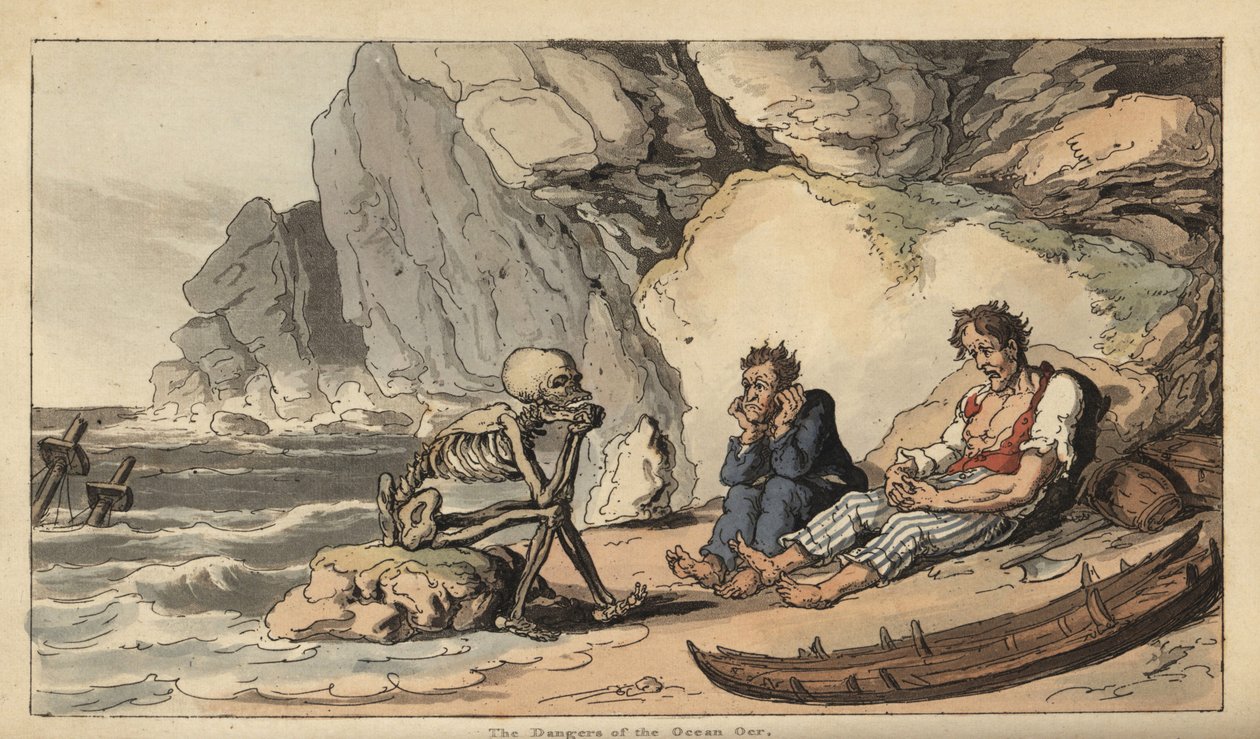 死亡的骷髅与两名遇难的水手坐在海滩上。 由 Thomas Rowlandson 从伦敦阿克曼的英国死亡之舞中绘制和雕刻的手绘铜版 作者 托马斯·罗兰森