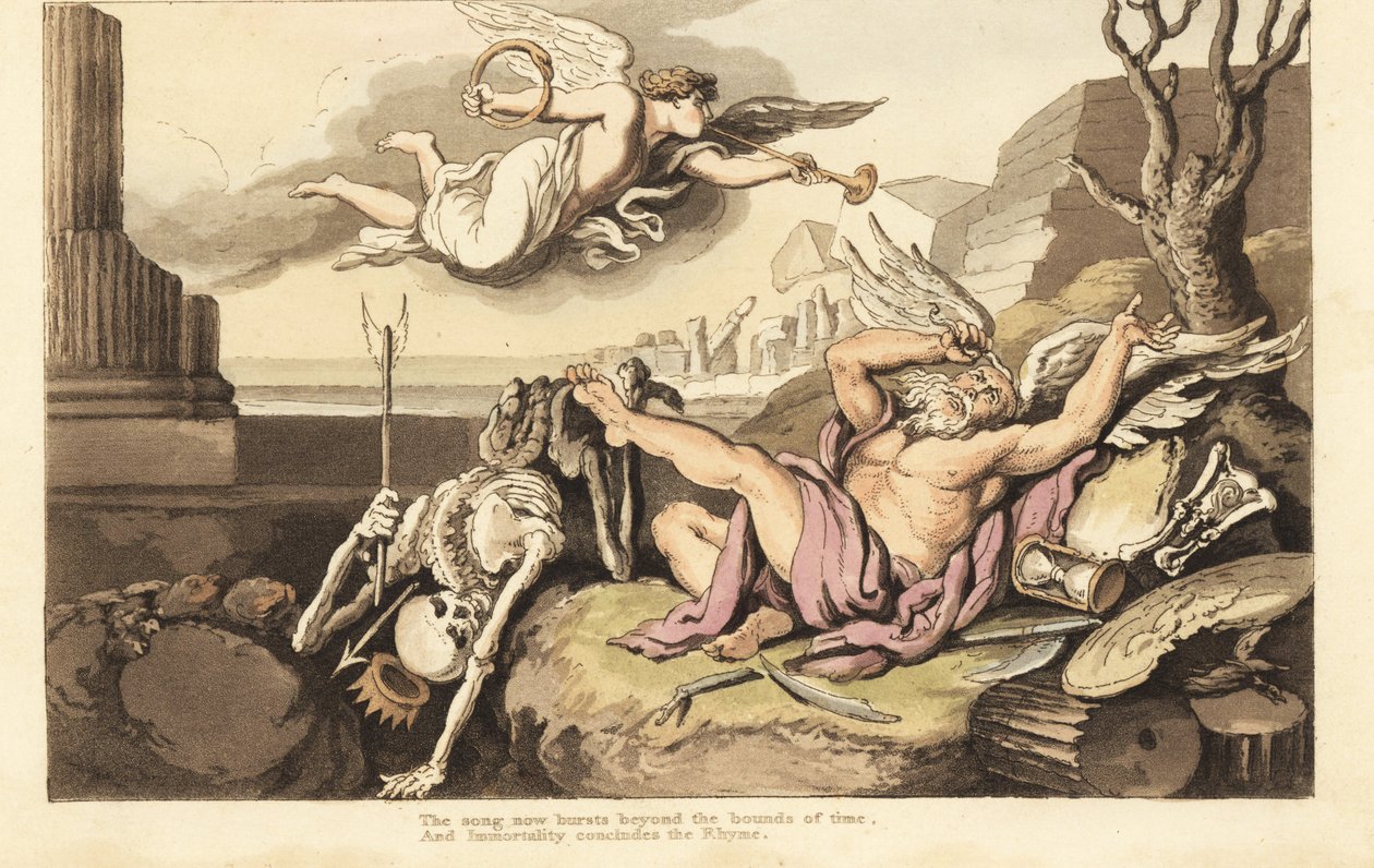 死亡和时间之父的骨架在永恒天使的下方蔓延。 由 Thomas Rowlandson 从伦敦阿克曼的英国死亡之舞中绘制和雕刻的手绘铜版 作者 托马斯·罗兰森