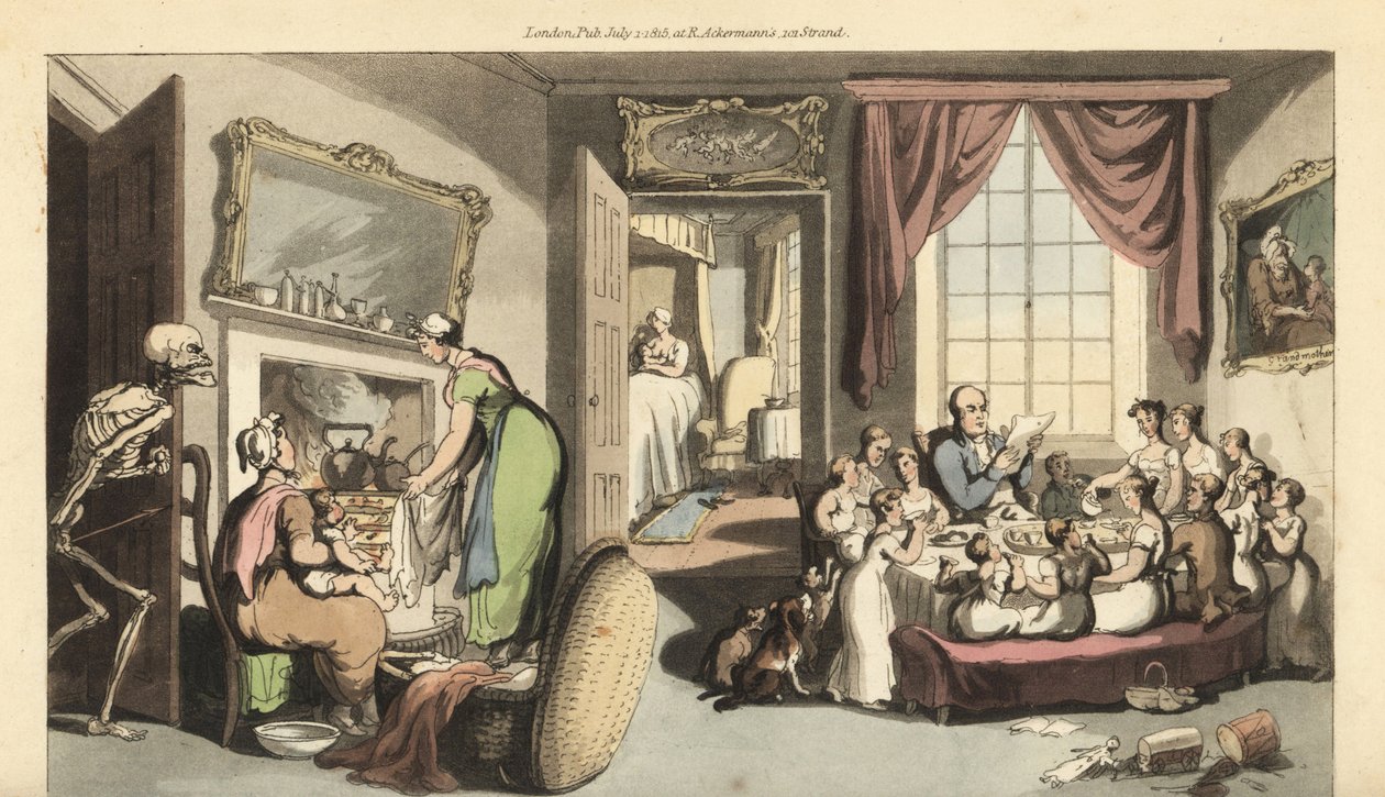 The skeleton of Death appears in the living room of a large family to take a child or newborn baby. Handcoloured copperplate drawn and engraved by Thomas Rowlandson from The English Dance of Death, Ackermann, London 作者 托马斯·罗兰森