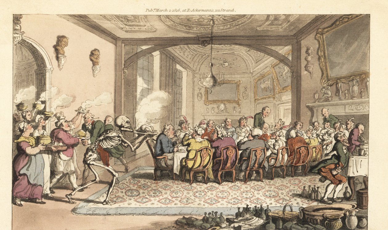 死亡骷髅将致命的美味佳肴带到了大厅里的饕餮盛宴。 由 Thomas Rowlandson 从伦敦阿克曼的英国死亡之舞中绘制和雕刻的手绘铜版 作者 托马斯·罗兰森