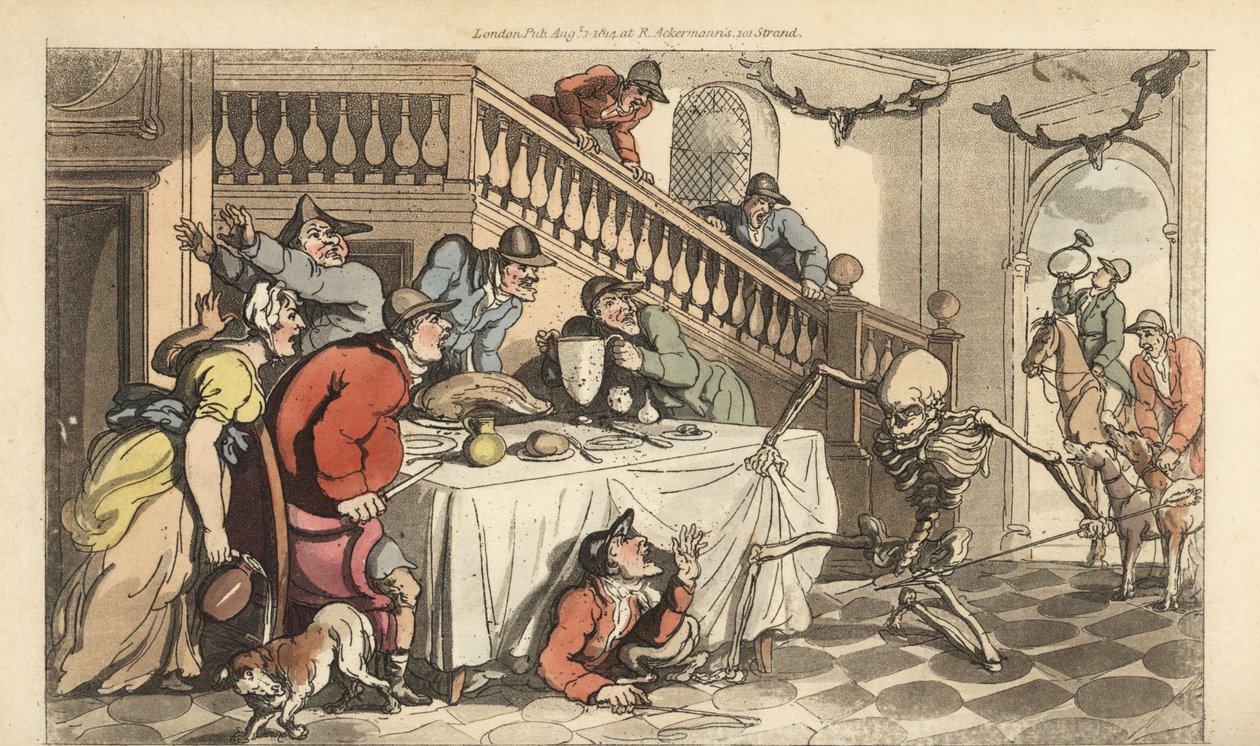 当猎人在猎狐之后躲在桌子底下时，死亡的骷髅是为猎人而来的。 由 Thomas Rowlandson 从伦敦阿克曼的英国死亡之舞中绘制和雕刻的手绘铜版 作者 托马斯·罗兰森