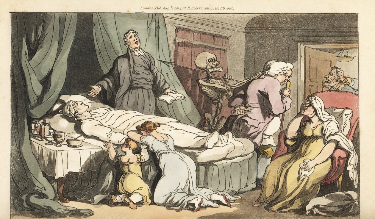 The skeleton of Death comes for the Doctor, as the priest prays over the dead body of a Good Man mourned by his wife and child. Handcoloured copperplate drawn and engraved by Thomas Rowlandson from The English Dance of Death, Ackermann, London 作者 托马斯·罗兰森