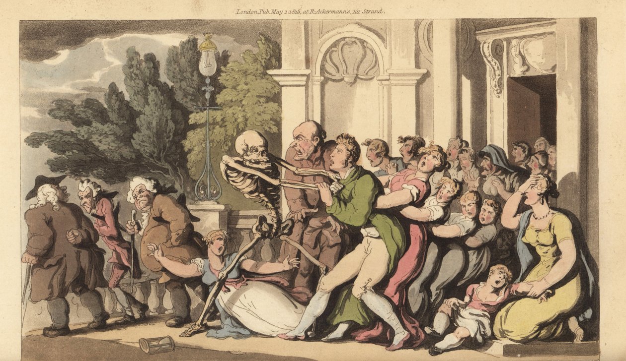 死神的骷髅抓住父亲的衣领，他的妻子和孩子拼命想救他。 由 Thomas Rowlandson 从伦敦阿克曼的英国死亡之舞中绘制和雕刻的手绘铜版 作者 托马斯·罗兰森