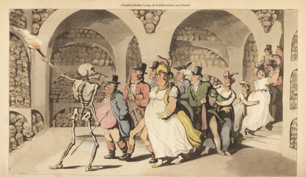 死亡骷髅引导一群游客穿过巴黎的地下墓穴。 由 Thomas Rowlandson 绘制和雕刻的手绘铜版，来自伦敦阿克曼的英国死亡之舞 作者 托马斯·罗兰森