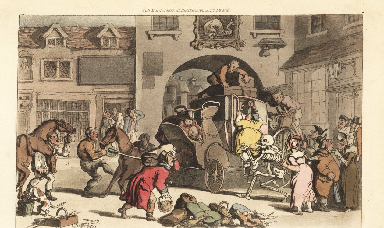 死亡骷髅帮助一个大主母进入致命的最后阶段。 由 Thomas Rowlandson 从伦敦阿克曼的英国死亡之舞中绘制和雕刻的手绘铜版 作者 托马斯·罗兰森