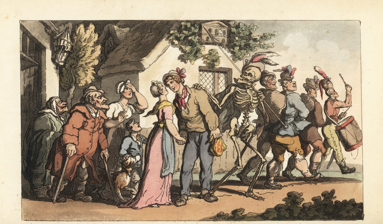 死亡骷髅带领一名年轻的新兵加入军队，留下了他的女儿和家人。 由 Thomas Rowlandson 绘制和雕刻的手绘铜版，来自伦敦阿克曼的英国死亡之舞 作者 托马斯·罗兰森