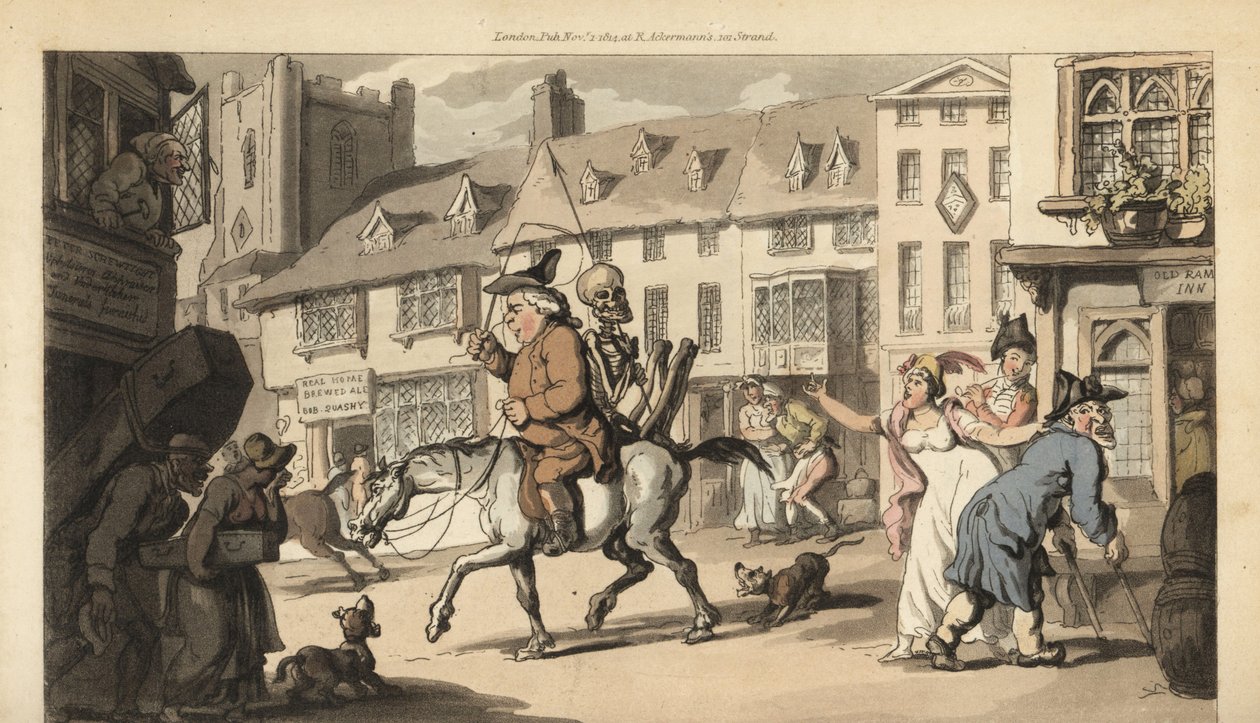 死神的骷髅和庸医一起骑马，只有村里的殡仪员哀悼他的死。 由 Thomas Rowlandson 绘制和雕刻的手绘铜版，来自伦敦阿克曼的英国死亡之舞 作者 托马斯·罗兰森