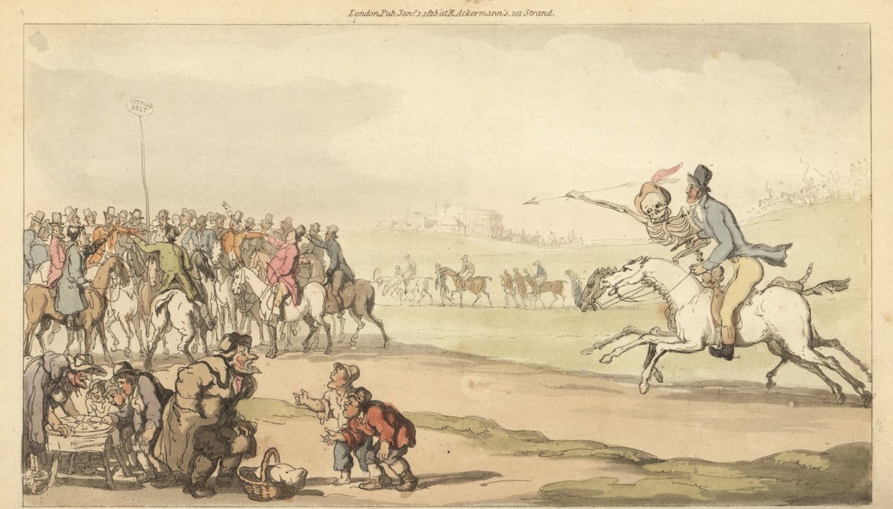 The skeleton of Death rides with a man toward the betting post on a racetrack, while children play a game of lotto. Handcoloured copperplate drawn and engraved by Thomas Rowlandson from The English Dance of Death, Ackermann, London 作者 托马斯·罗兰森