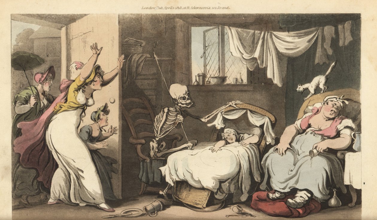 The skeleton of Death rocks the cradle of a baby while the nanny sleeps and the distraught mother arrives home. Handcoloured copperplate drawn and engraved by Thomas Rowlandson from The English Dance of Death, Ackermann, London 作者 托马斯·罗兰森