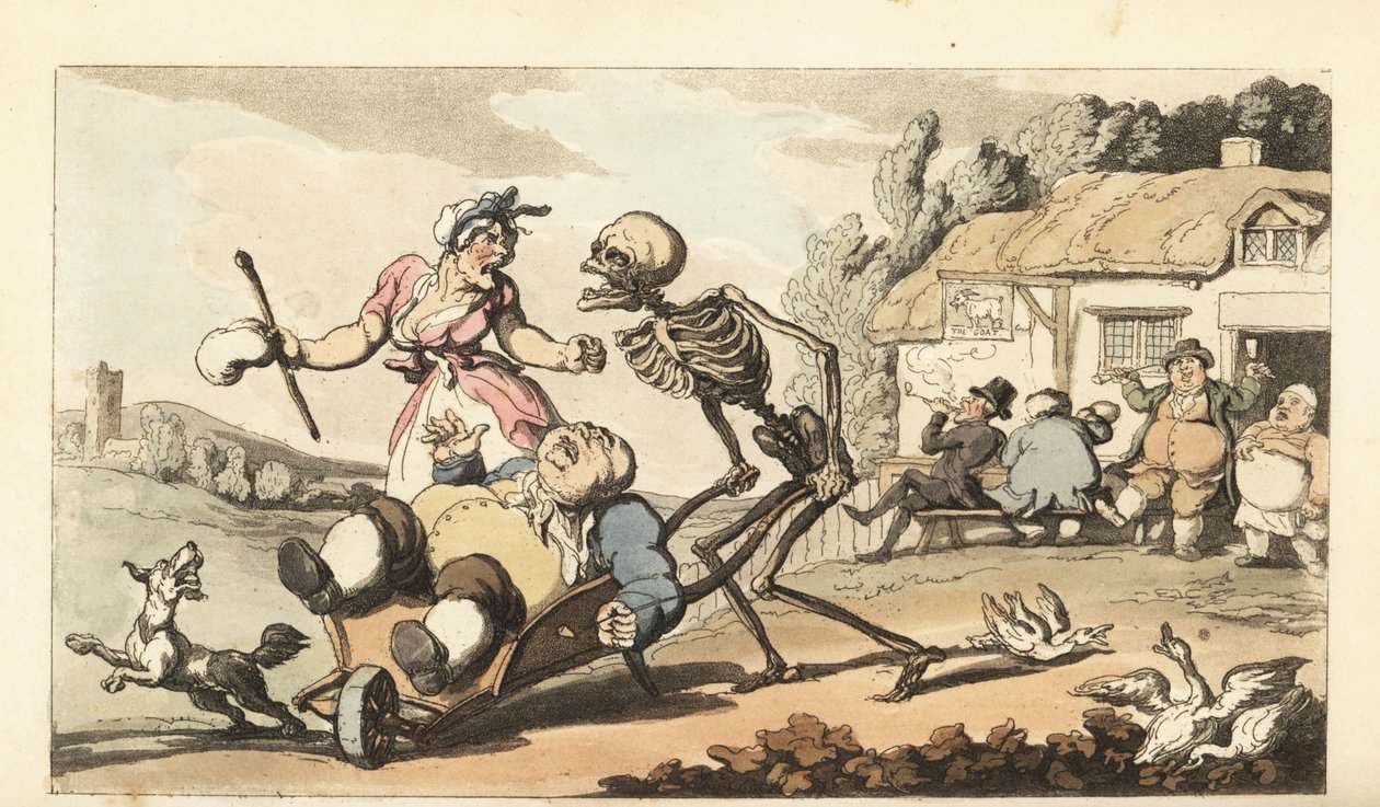 The skeleton of Death takes away the drunken Sot in a wheelbarrow, while other drunks make merry in front of The Goat pub. Handcoloured copperplate drawn and engraved by Thomas Rowlandson from The English Dance of Death, Ackermann, London 作者 托马斯·罗兰森