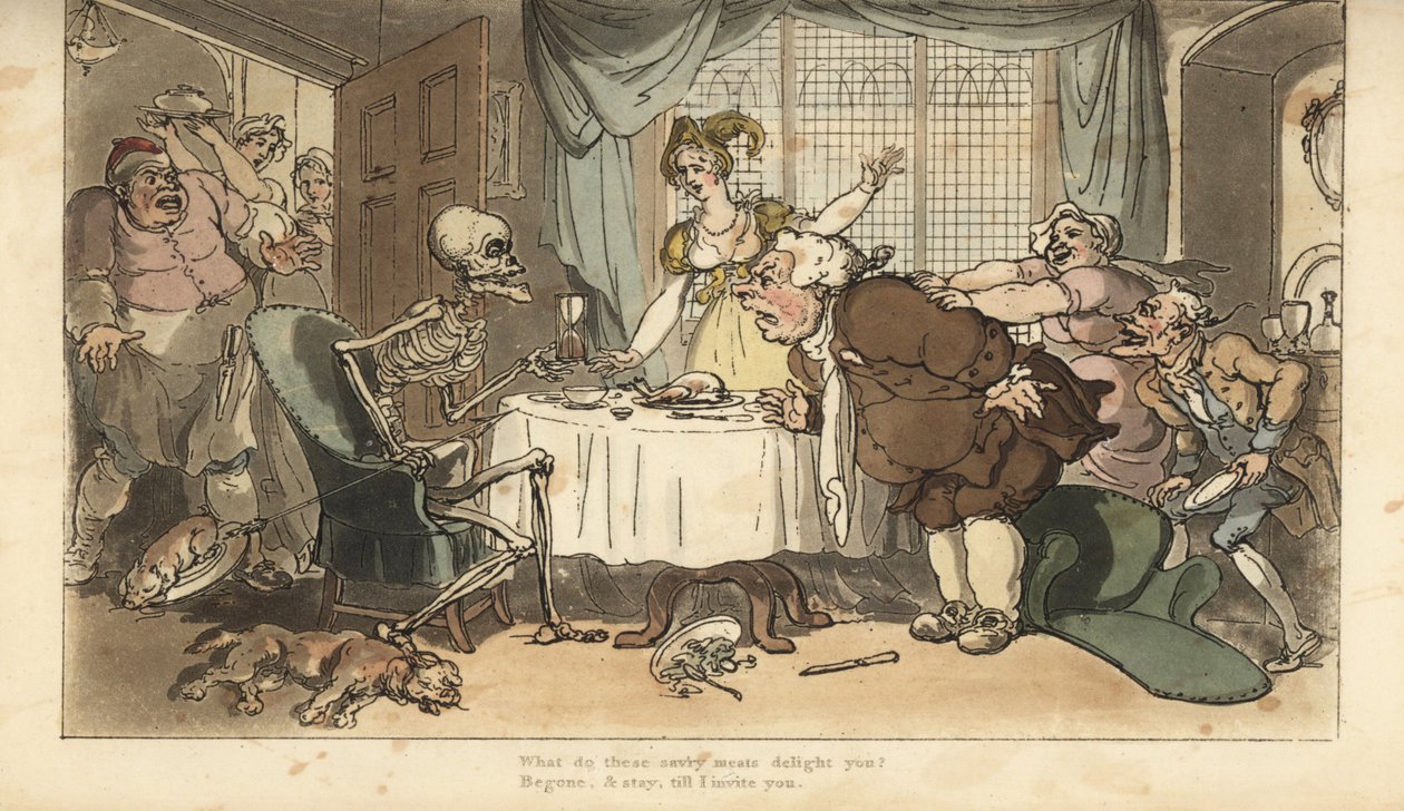 带着飞镖和沙漏的死亡骷髅在他吃晚饭时为饕餮而来。 由 Thomas Rowlandson 绘制和雕刻的手绘铜版，来自伦敦阿克曼的英国死亡之舞 作者 托马斯·罗兰森