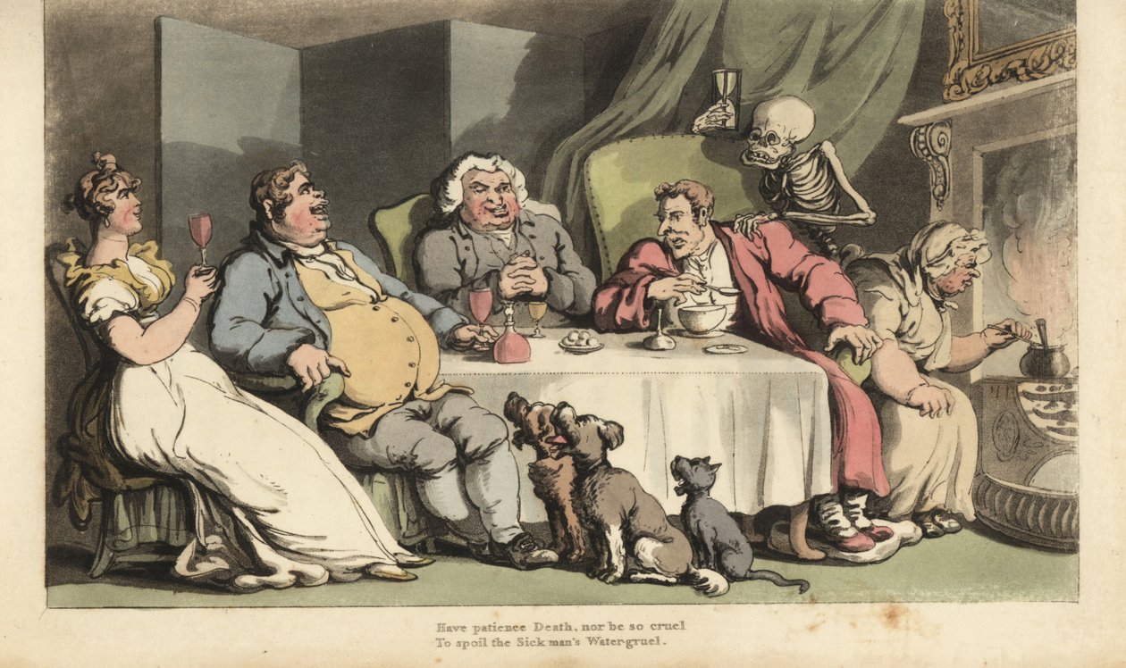 The skeleton of Death with hourglass comes for the sick man as he eats gruel at the dining table with his drinking buddies in front of the fireplace. Handcoloured copperplate drawn and engraved by Thomas Rowlandson from The English Dance of Death, Ackerman 作者 托马斯·罗兰森
