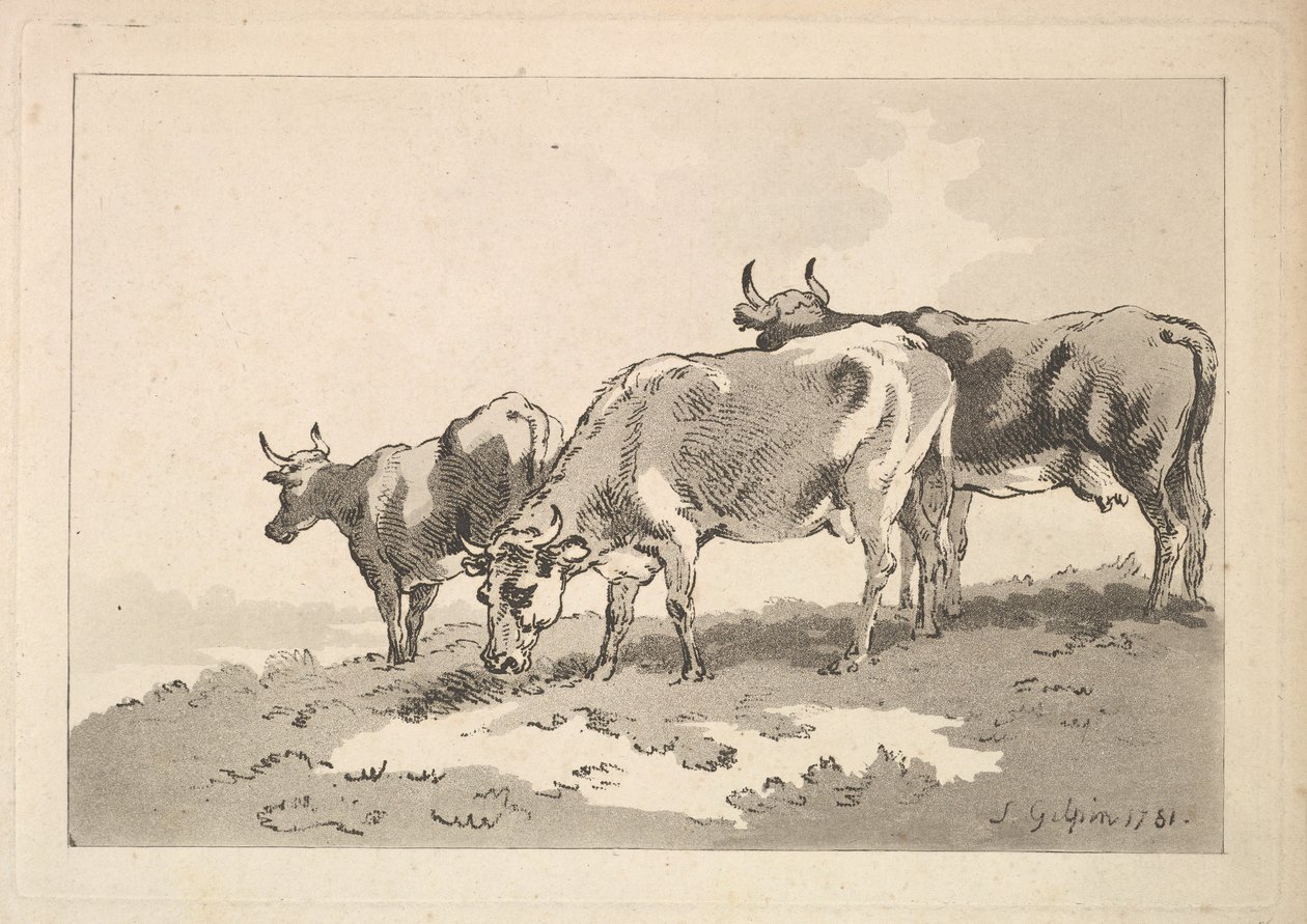 站立在领域的土坎的三头母牛，1784-87。 作者 托马斯·罗兰森