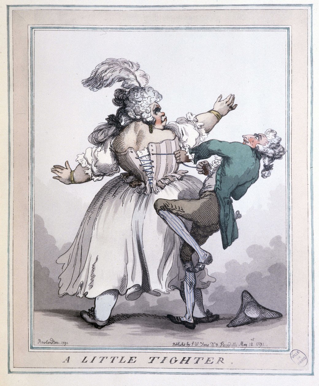 收紧更多 - Rowlandson 的版画，在 F. Libron 和 H. Clouzot 的“13 至 20 世纪艺术和道德的紧身胸衣”中 作者 托马斯·罗兰森