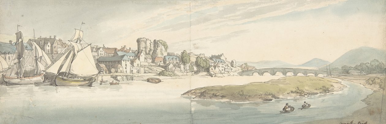 卡威瑟姆城堡上的城镇景观，1775-1827。 作者 托马斯·罗兰森