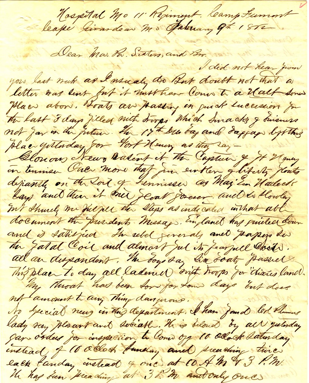 1862年2月9日署名T.S. Hawley，医院第11密苏里步兵营，弗里蒙特营，吉拉多角，给家人的信。 作者 托马斯·S·霍利