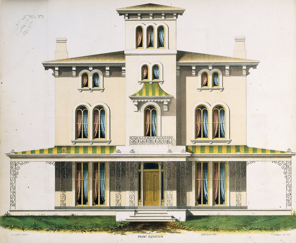 1号别墅的正面立面，来自“模型乡村住宅的建筑设计” 作者 托马斯·辛克莱尔